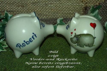 Sparschwein mit Stopfen – 10 x 8,5 x 8,5 cm - Nilpferdmotiv – fester Name: Robert