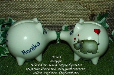 Sparschwein mit Stopfen – 10 x 8,5 x 8,5 cm - Nilpferdmotiv – fester Name: Monika