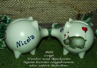 Sparschwein mit Stopfen – 10 x 8,5 x 8,5 cm - Nilpferdmotiv – fester Name: Nicola