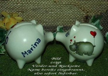 Sparschwein mit Stopfen – 10 x 8,5 x 8,5 cm - Nilpferdmotiv – fester Name: Marina