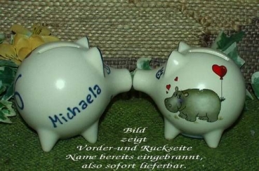 Sparschwein mit Stopfen – 10 x 8,5 x 8,5 cm - Nilpferdmotiv – fester Name: Michaela