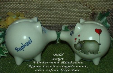 Sparschwein mit Stopfen – 10 x 8,5 x 8,5 cm - Nilpferdmotiv – fester Name: Raphael