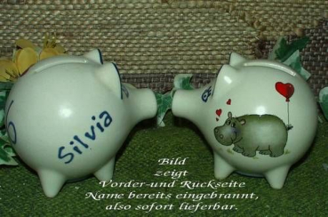 Sparschwein mit Stopfen – 10 x 8,5 x 8,5 cm - Nilpferdmotiv – fester Name: Silvia