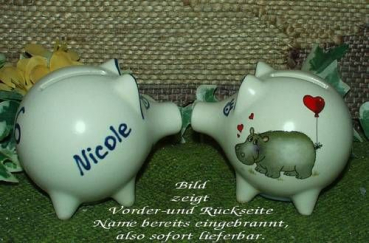 Sparschwein mit Stopfen – 10 x 8,5 x 8,5 cm - Nilpferdmotiv – fester Name: Nicole