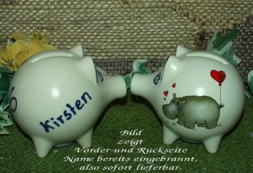 Sparschwein mit Stopfen – 10 x 8,5 x 8,5 cm - Nilpferdmotiv – fester Name: Kirsten