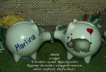 Sparschwein mit Stopfen – 10 x 8,5 x 8,5 cm - Nilpferdmotiv – fester Name: Martina
