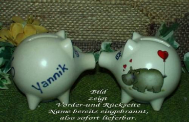 Sparschwein mit Stopfen – 10 x 8,5 x 8,5 cm - Nilpferdmotiv – fester Name: Yannik