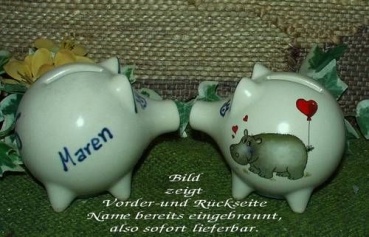 Sparschwein mit Stopfen – 10 x 8,5 x 8,5 cm - Nilpferdmotiv – fester Name: Maren