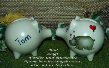 Sparschwein mit Stopfen – 10 x 8,5 x 8,5 cm - Nilpferdmotiv – fester Name: Tom