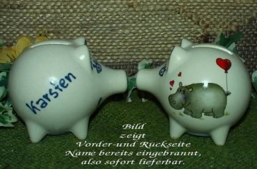 Sparschwein mit Stopfen – 10 x 8,5 x 8,5 cm - Nilpferdmotiv – fester Name: Karsten
