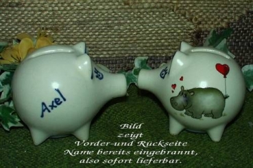 Sparschwein mit Stopfen – 10 x 8,5 x 8,5 cm - Nilpferdmotiv – fester Name: Axel