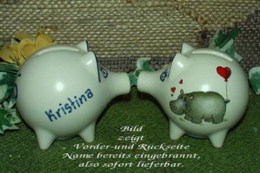 Sparschwein mit Stopfen – 10 x 8,5 x 8,5 cm - Nilpferdmotiv – fester Name: Kristina