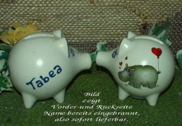 Sparschwein mit Stopfen – 10 x 8,5 x 8,5 cm - Nilpferdmotiv – fester Name: Tabea