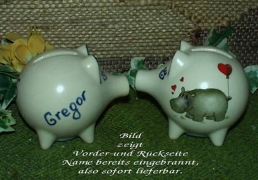 Sparschwein mit Stopfen – 10 x 8,5 x 8,5 cm - Nilpferdmotiv – fester Name: Gregor