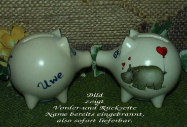 Sparschwein mit Stopfen – 10 x 8,5 x 8,5 cm - Nilpferdmotiv – fester Name: Uwe