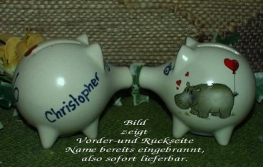 Sparschwein mit Stopfen – 10 x 8,5 x 8,5 cm - Nilpferdmotiv – fester Name: Christopher