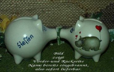 Sparschwein mit Stopfen – 10 x 8,5 x 8,5 cm - Nilpferdmotiv – fester Name: Steffen