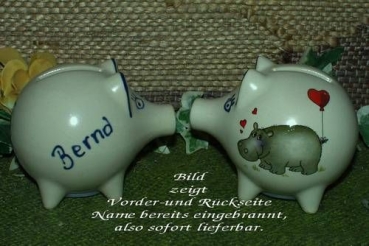 Sparschwein mit Stopfen – 10 x 8,5 x 8,5 cm - Nilpferdmotiv – fester Name: Bernd