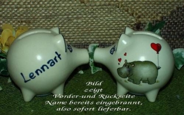 Sparschwein mit Stopfen – 10 x 8,5 x 8,5 cm - Nilpferdmotiv – fester Name: Lennart