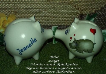 Sparschwein mit Stopfen – 10 x 8,5 x 8,5 cm - Nilpferdmotiv – fester Name: Jeanette