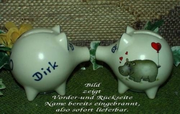 Sparschwein mit Stopfen – 10 x 8,5 x 8,5 cm - Nilpferdmotiv – fester Name: Dirk