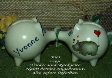 Sparschwein mit Stopfen – 10 x 8,5 x 8,5 cm - Nilpferdmotiv – fester Name: Yvonne
