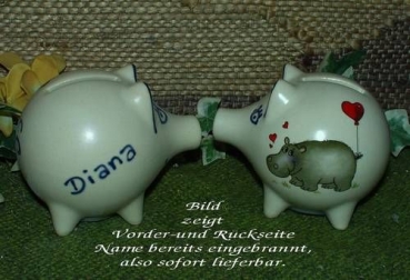 Sparschwein mit Stopfen – 10 x 8,5 x 8,5 cm - Nilpferdmotiv – fester Name: Diana