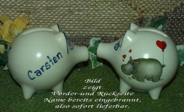 Sparschwein mit Stopfen – 10 x 8,5 x 8,5 cm - Nilpferdmotiv – fester Name: Carsten
