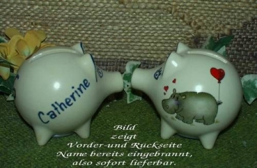 Sparschwein mit Stopfen – 10 x 8,5 x 8,5 cm - Nilpferdmotiv – fester Name: Catherine