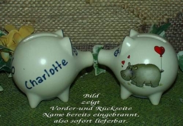 Sparschwein mit Stopfen – 10 x 8,5 x 8,5 cm - Nilpferdmotiv – fester Name: Charlotte