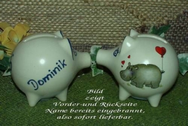 Sparschwein mit Stopfen – 10 x 8,5 x 8,5 cm - Nilpferdmotiv – fester Name: Dominik
