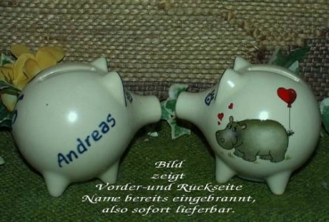 Sparschwein mit Stopfen – 10 x 8,5 x 8,5 cm - Nilpferdmotiv – fester Name: Andreas