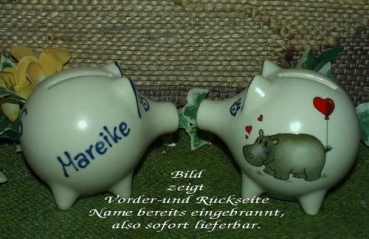 Sparschwein mit Stopfen – 10 x 8,5 x 8,5 cm - Nilpferdmotiv – fester Name: Mareike