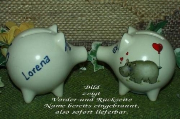 Sparschwein mit Stopfen – 10 x 8,5 x 8,5 cm - Nilpferdmotiv – fester Name: Lorena