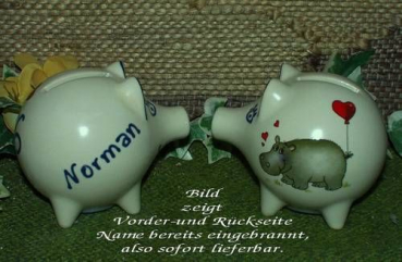 Sparschwein mit Stopfen – 10 x 8,5 x 8,5 cm - Nilpferdmotiv – fester Name: Norman