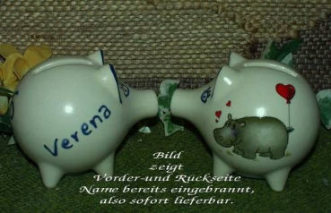 Sparschwein mit Stopfen – 10 x 8,5 x 8,5 cm - Nilpferdmotiv – fester Name: Verena