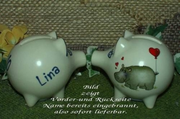 Sparschwein mit Stopfen – 10 x 8,5 x 8,5 cm - Nilpferdmotiv – fester Name: Lina