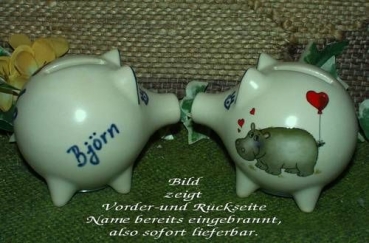 Sparschwein mit Stopfen – 10 x 8,5 x 8,5 cm - Nilpferdmotiv – fester Name: Björn