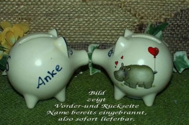 Sparschwein mit Stopfen – 10 x 8,5 x 8,5 cm - Nilpferdmotiv – fester Name: Anke