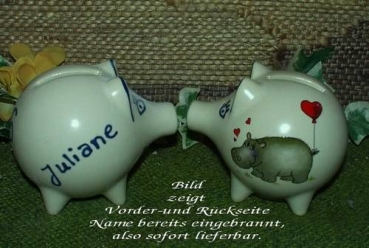 Sparschwein mit Stopfen – 10 x 8,5 x 8,5 cm - Nilpferdmotiv – fester Name: Juliane