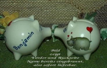 Sparschwein mit Stopfen – 10 x 8,5 x 8,5 cm - Nilpferdmotiv – fester Name: Benjamin