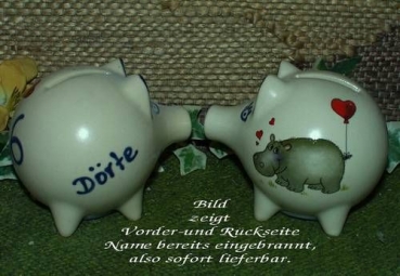 Sparschwein mit Stopfen – 10 x 8,5 x 8,5 cm - Nilpferdmotiv – fester Name: Dörte
