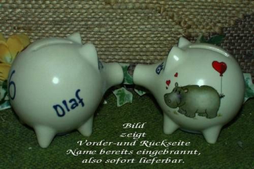 Sparschwein mit Stopfen – 10 x 8,5 x 8,5 cm - Nilpferdmotiv – fester Name: Olaf