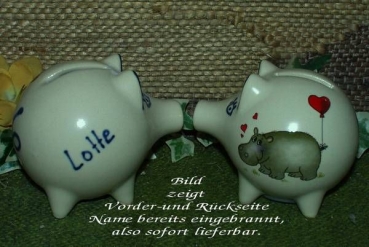 Sparschwein mit Stopfen – 10 x 8,5 x 8,5 cm - Nilpferdmotiv – fester Name: Lotte