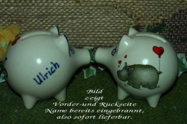 Sparschwein mit Stopfen – 10 x 8,5 x 8,5 cm - Nilpferdmotiv – fester Name: Ulrich