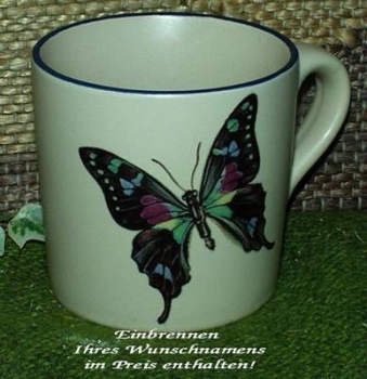 Keramik-Tasse  - Becher mit Wunschname – Motiv: 1 x Schmetterling 75 mm