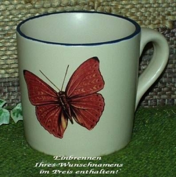 Keramik-Tasse  - Becher mit Wunschname – Motiv: 1 x Schmetterling 75 mm