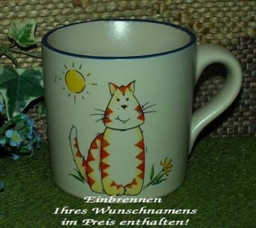 Keramik-Tasse  - Becher mit Wunschname – Motiv: 1 x Katze mit Sonne - groß