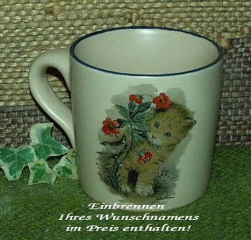 Keramik-Tasse  - Becher mit Wunschname – Motiv: 1 x Katze – 75 mm