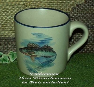 Keramik-Tasse  - Becher mit Wunschname – Motiv: 1 x Fisch – Zander